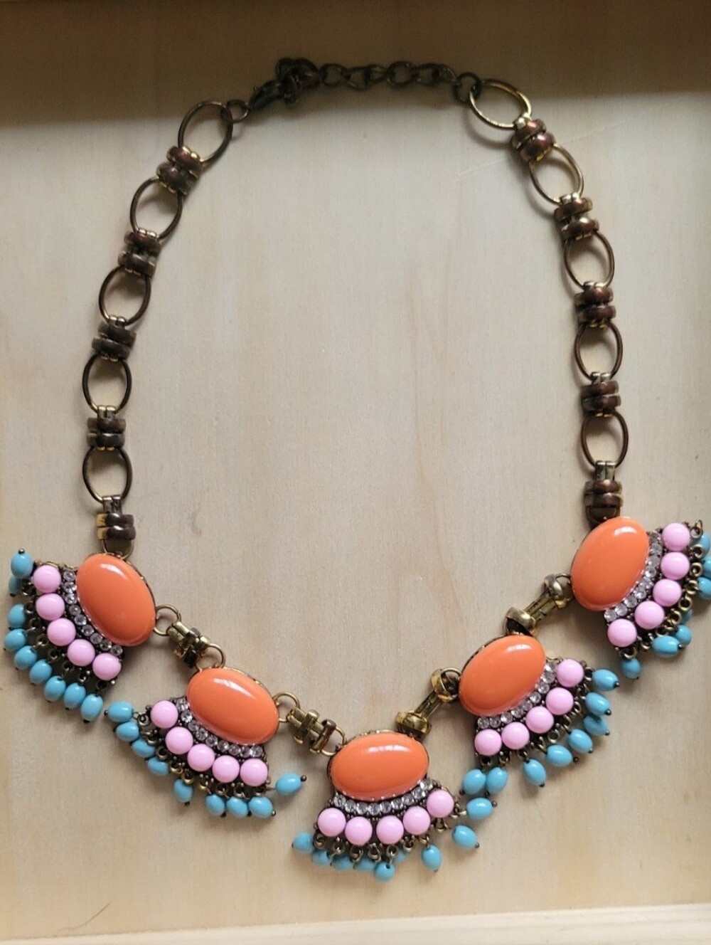 Vintage Turquoise/Peach/Pink Fan Fringe Dramatic Bead Crystal Statement Necklace